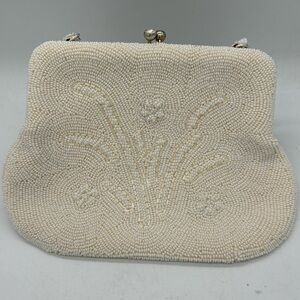 White Beaded Clutch Bag with Small Handle.